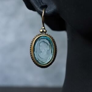 Extasia Signed Blue Glass Intaglio Cameo Drop Earrings